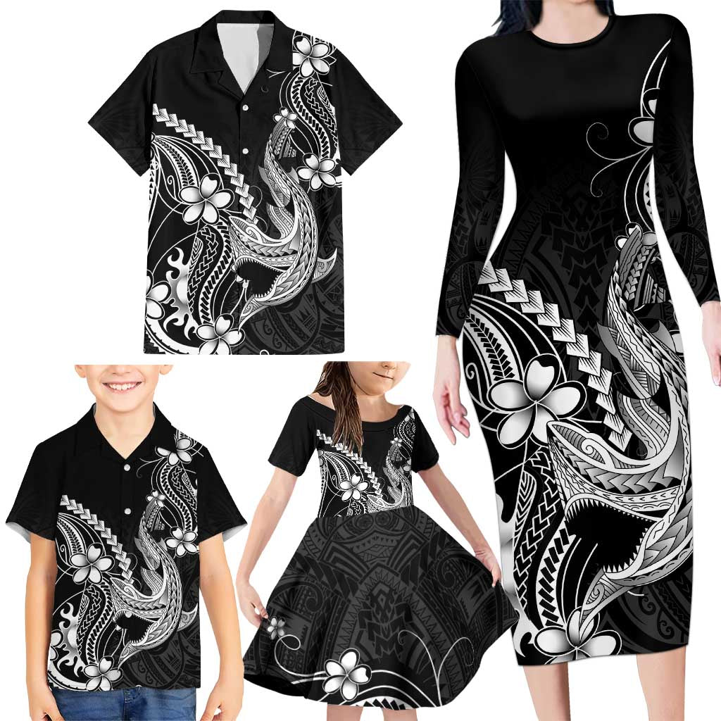 Black Aloha Hawaii Family Matching Long Sleeve Bodycon Dress and Hawaiian Shirt Polynesian Shark Tattoo With Plumeria LT14 - Polynesian Pride