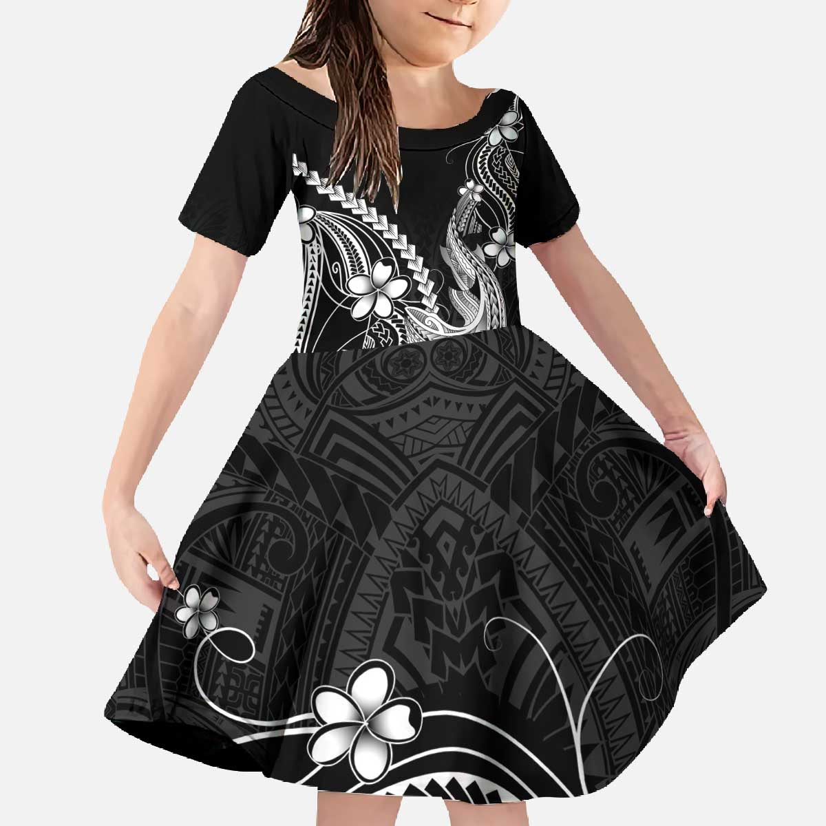 Black Aloha Hawaii Family Matching Off The Shoulder Long Sleeve Dress and Hawaiian Shirt Polynesian Shark Tattoo With Plumeria - Polynesian Pride