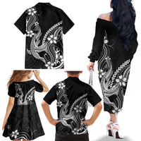 Black Aloha Hawaii Family Matching Off The Shoulder Long Sleeve Dress and Hawaiian Shirt Polynesian Shark Tattoo With Plumeria - Polynesian Pride