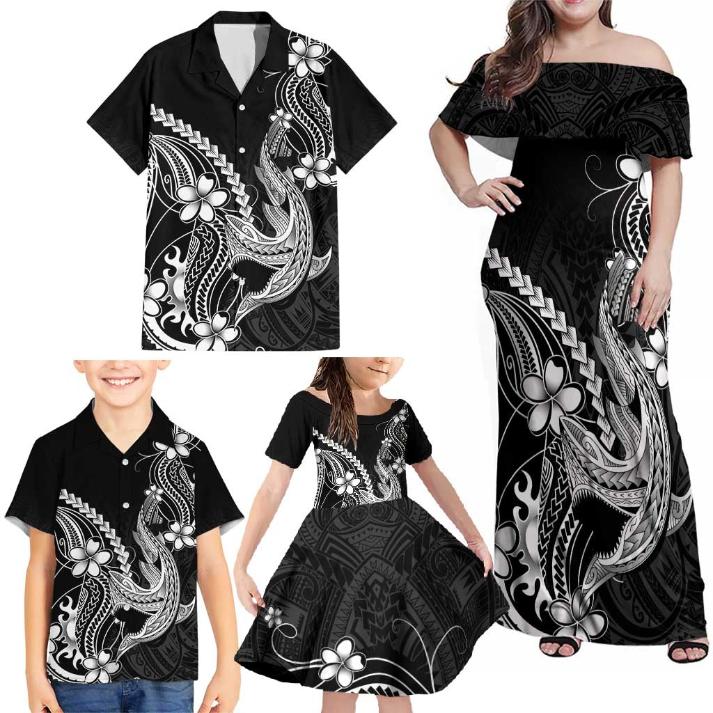 Black Aloha Hawaii Family Matching Off Shoulder Maxi Dress and Hawaiian Shirt Polynesian Shark Tattoo With Plumeria - Polynesian Pride