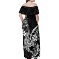 Black Aloha Hawaii Family Matching Off Shoulder Maxi Dress and Hawaiian Shirt Polynesian Shark Tattoo With Plumeria - Polynesian Pride