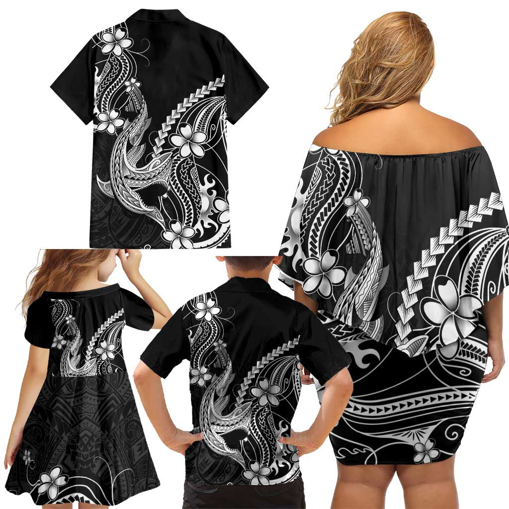 Black Aloha Hawaii Family Matching Off Shoulder Short Dress and Hawaiian Shirt Polynesian Shark Tattoo With Plumeria - Polynesian Pride
