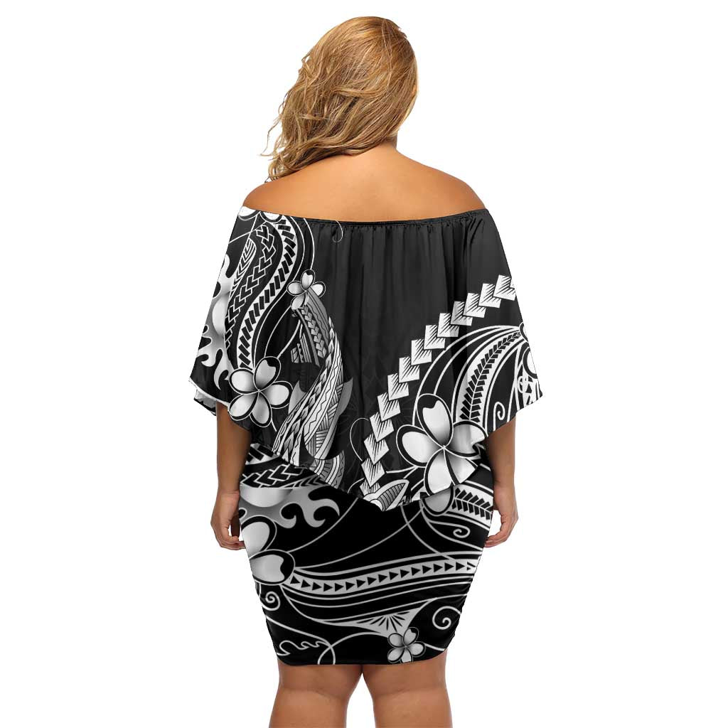 Black Aloha Hawaii Family Matching Off Shoulder Short Dress and Hawaiian Shirt Polynesian Shark Tattoo With Plumeria - Polynesian Pride
