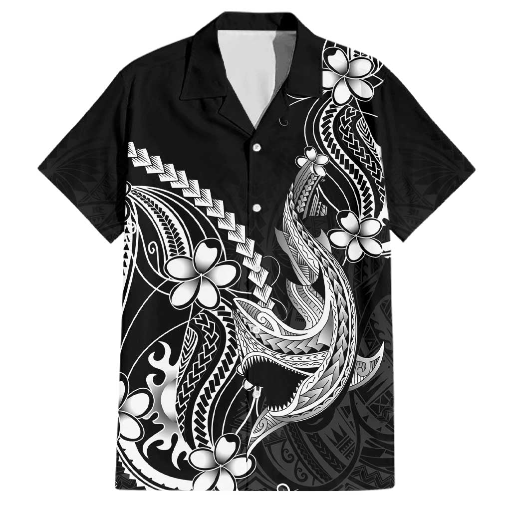 Black Aloha Hawaii Family Matching Puletasi and Hawaiian Shirt Polynesian Shark Tattoo With Plumeria LT14 Dad's Shirt - Short Sleeve Black - Polynesian Pride
