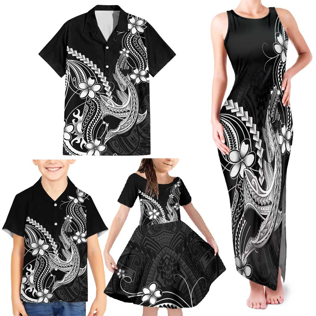 Black Aloha Hawaii Family Matching Tank Maxi Dress and Hawaiian Shirt Polynesian Shark Tattoo With Plumeria - Polynesian Pride