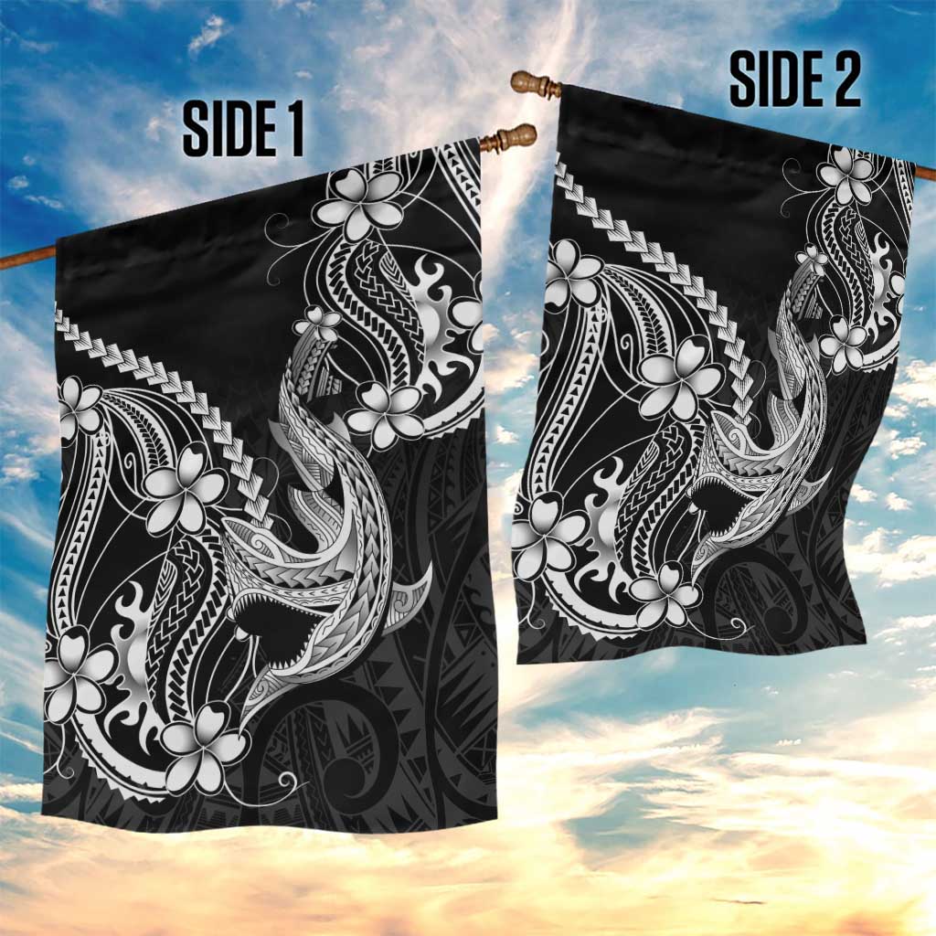 Black Aloha Hawaii Garden Flag Polynesian Shark Tattoo With Plumeria - Polynesian Pride