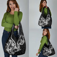 Black Aloha Hawaii Grocery Bag Polynesian Shark Tattoo With Plumeria - Polynesian Pride