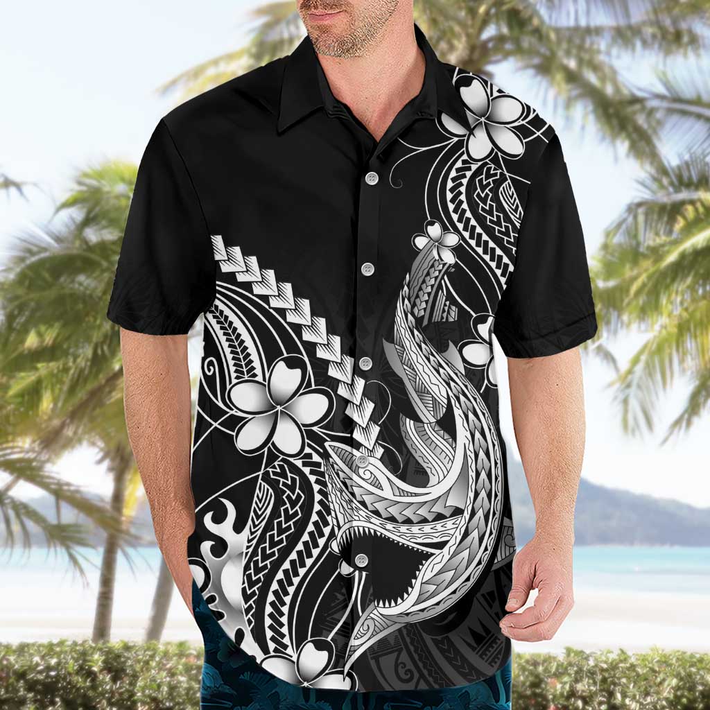 Black Aloha Hawaii Hawaiian Shirt Polynesian Shark Tattoo With Plumeria - Polynesian Pride