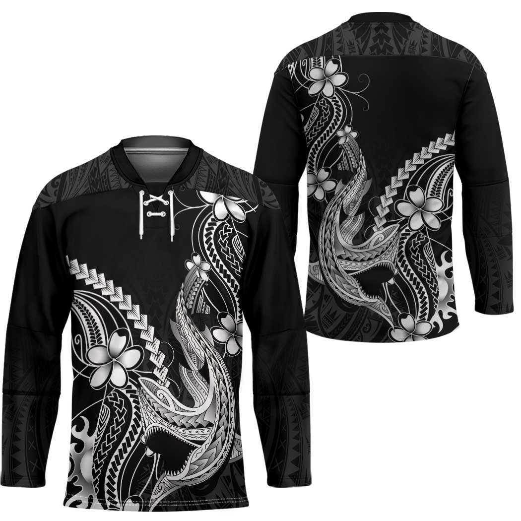 Black Aloha Hawaii Hockey Jersey Polynesian Shark Tattoo With Plumeria - Polynesian Pride