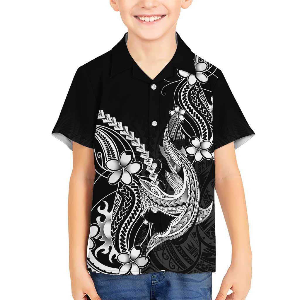 Black Aloha Hawaii Kid Hawaiian Shirt Polynesian Shark Tattoo With Plumeria - Polynesian Pride