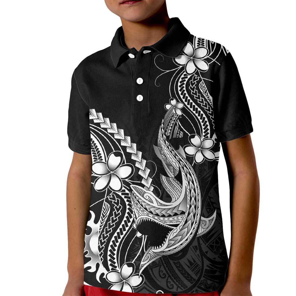 Black Aloha Hawaii Kid Polo Shirt Polynesian Shark Tattoo With Plumeria - Polynesian Pride