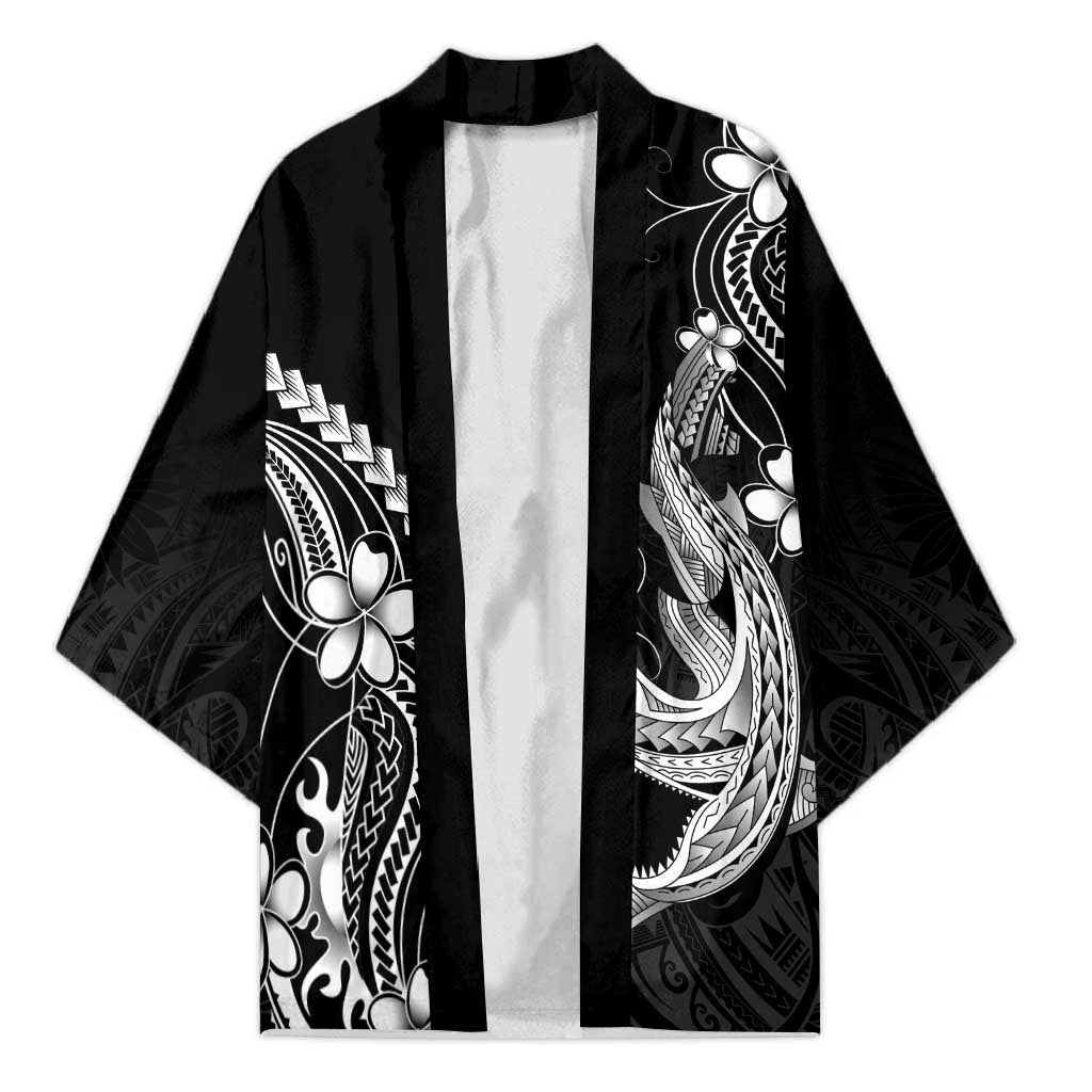 Black Aloha Hawaii Kimono Polynesian Shark Tattoo With Plumeria LT14 Unisex Black - Polynesian Pride