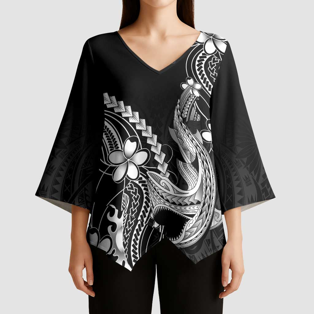 Black Aloha Hawaii Kimono Sleeve Blouse Polynesian Shark Tattoo With Plumeria - Polynesian Pride