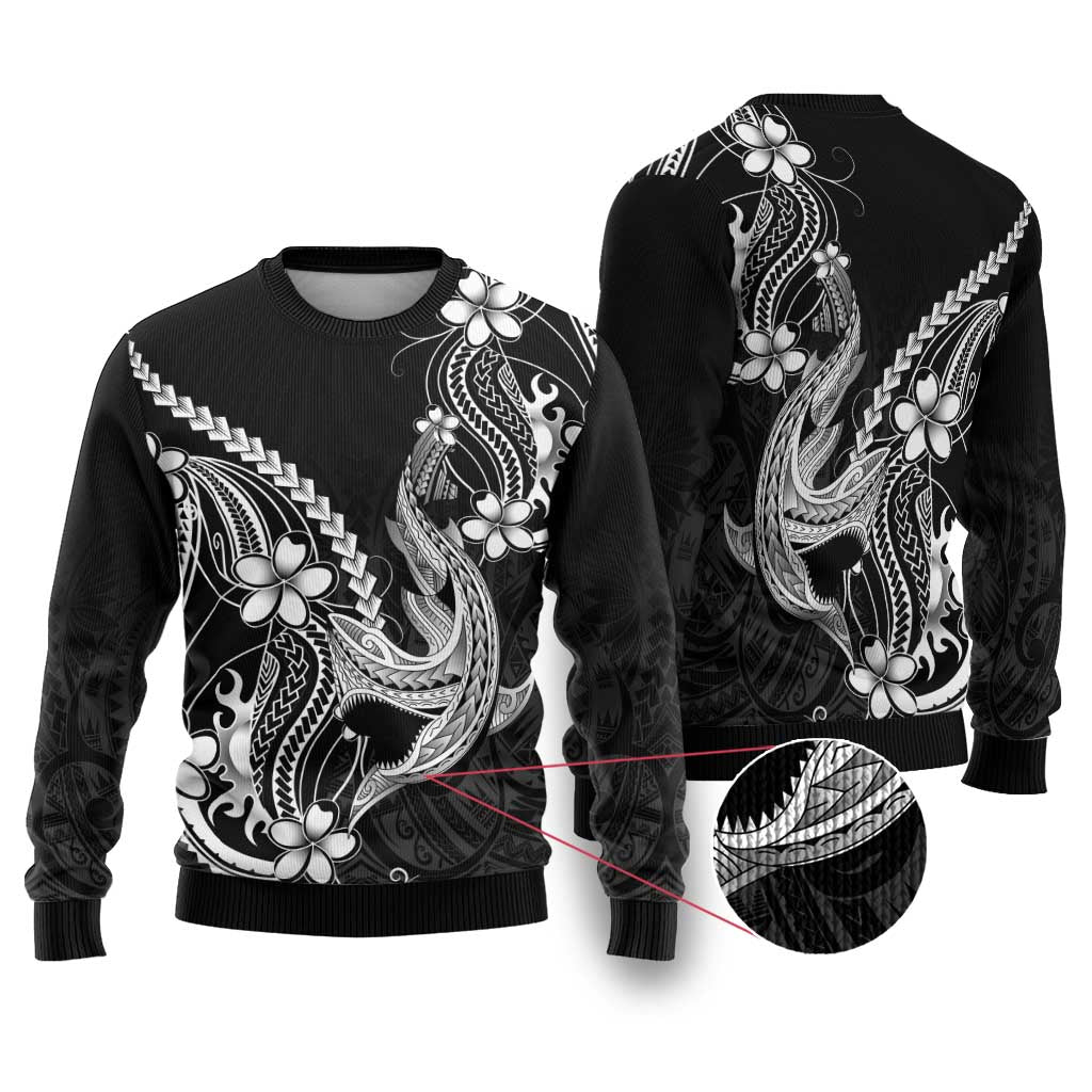 Black Aloha Hawaii Ugly Christmas Sweater Polynesian Shark Tattoo With Plumeria - Polynesian Pride