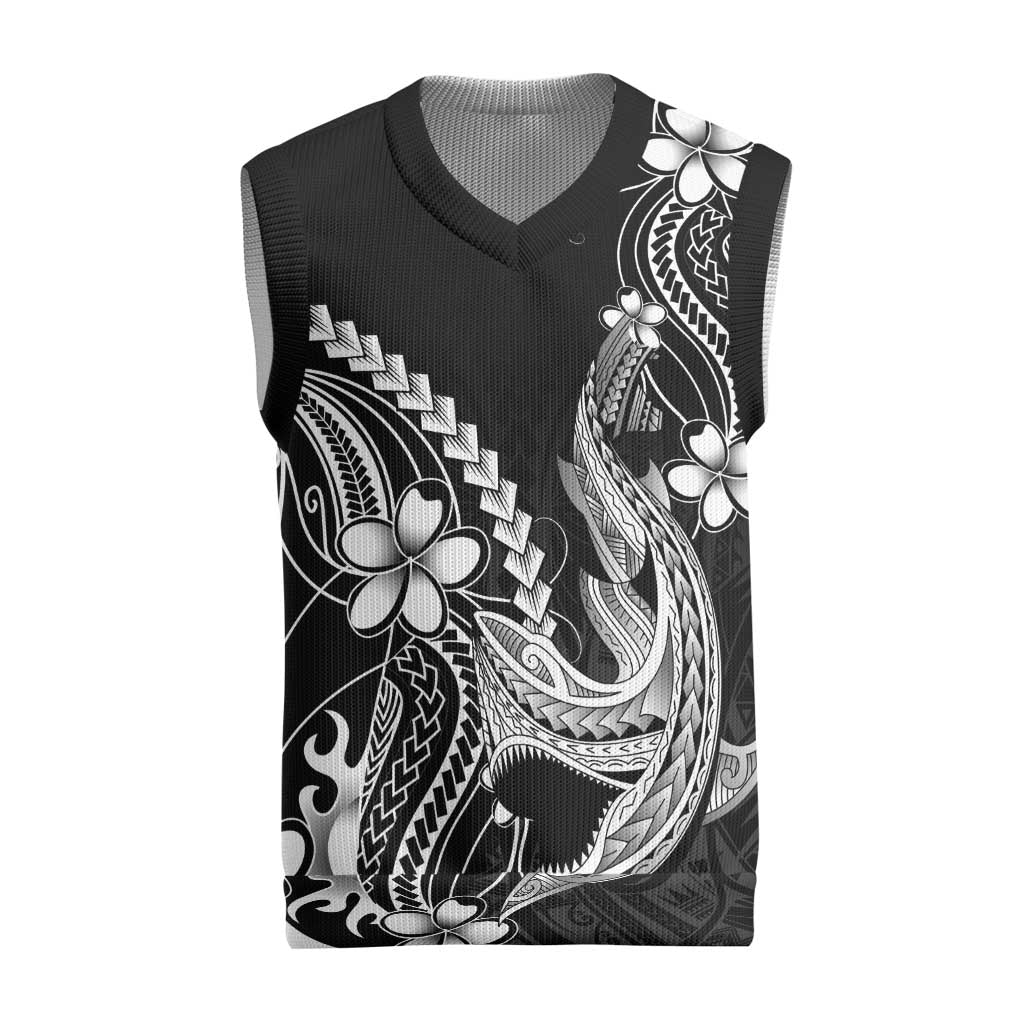 Black Aloha Hawaii Christmas Knitted V-Neck Vest Polynesian Shark Tattoo With Plumeria - Polynesian Pride