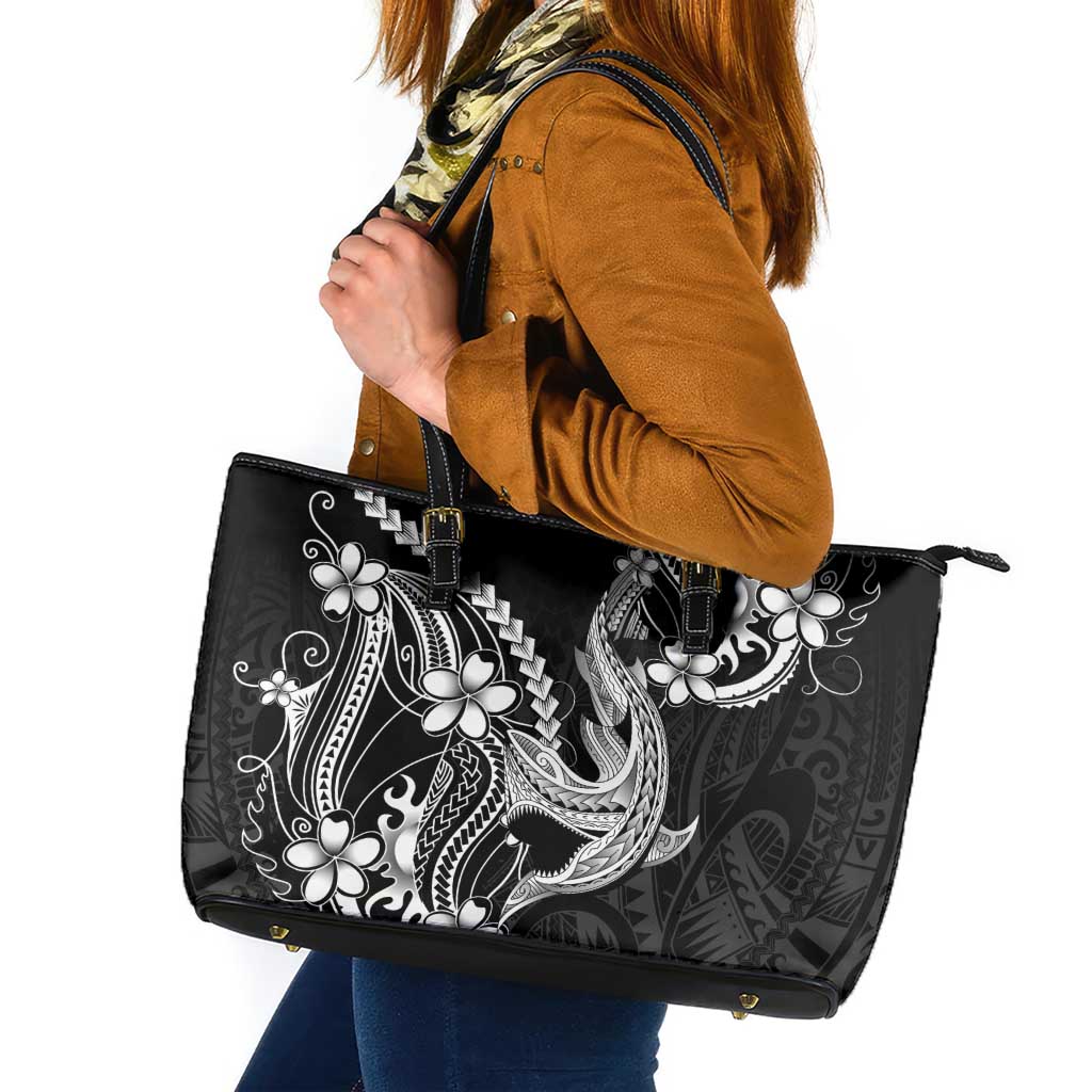 Black Aloha Hawaii Leather Tote Bag Polynesian Shark Tattoo With Plumeria LT14 Black - Polynesian Pride