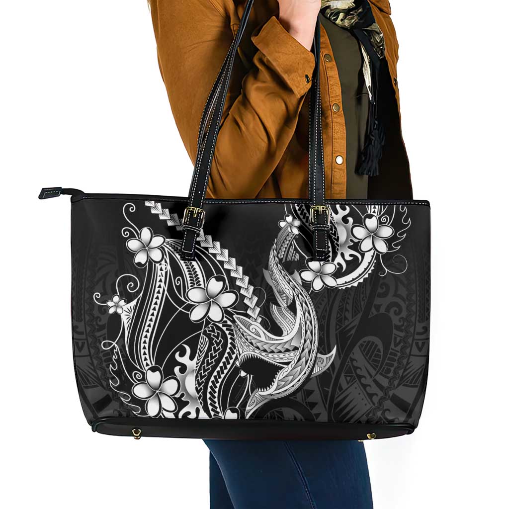 Black Aloha Hawaii Leather Tote Bag Polynesian Shark Tattoo With Plumeria LT14 - Polynesian Pride