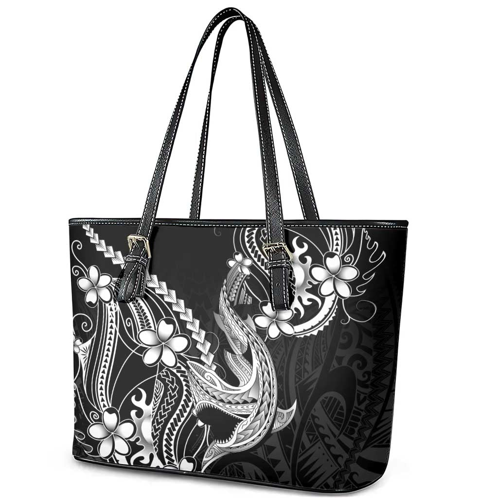 Black Aloha Hawaii Leather Tote Bag Polynesian Shark Tattoo With Plumeria LT14 - Polynesian Pride