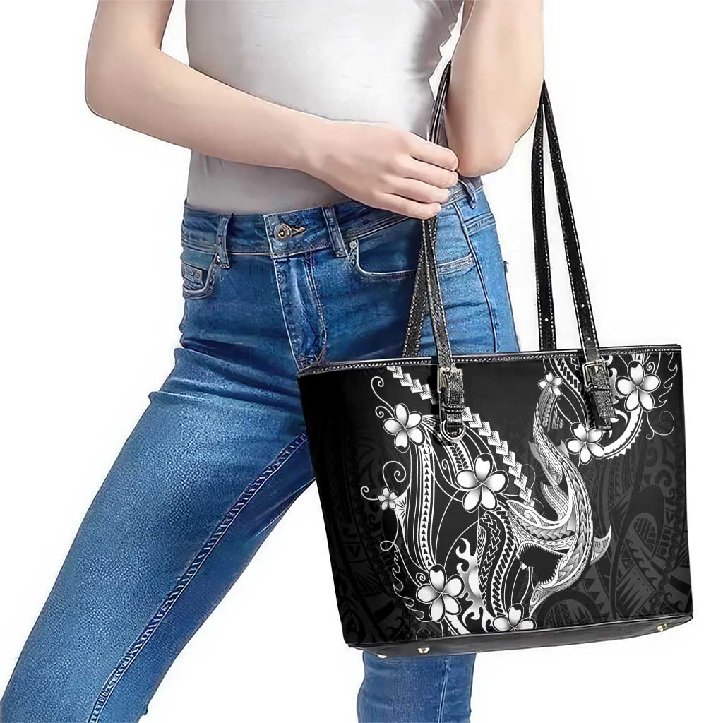 Black Aloha Hawaii Leather Tote Bag Polynesian Shark Tattoo With Plumeria LT14 - Polynesian Pride