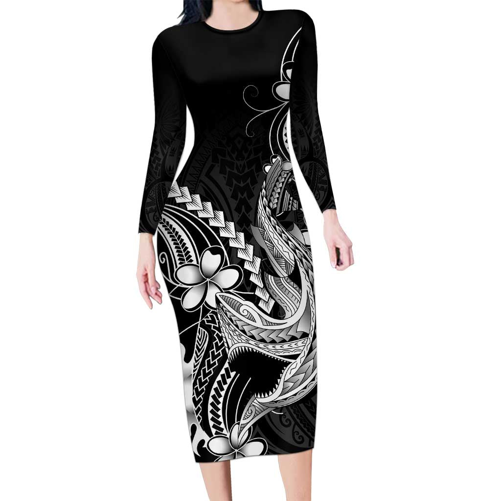 Black Aloha Hawaii Long Sleeve Bodycon Dress Polynesian Shark Tattoo With Plumeria - Polynesian Pride