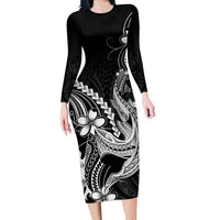 Black Aloha Hawaii Long Sleeve Bodycon Dress Polynesian Shark Tattoo With Plumeria - Polynesian Pride