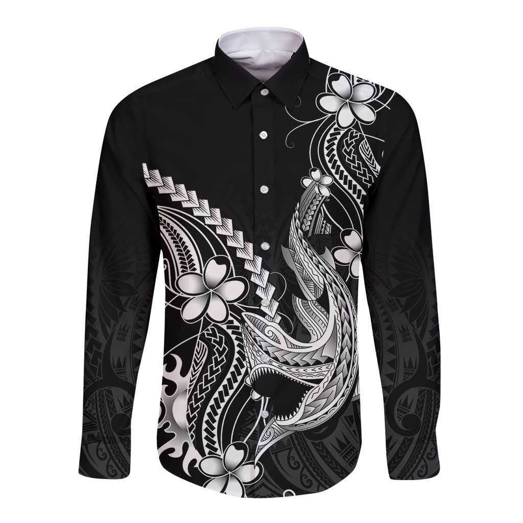 Black Aloha Hawaii Long Sleeve Button Shirt Polynesian Shark Tattoo With Plumeria LT14 Unisex Black - Polynesian Pride
