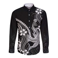 Black Aloha Hawaii Long Sleeve Button Shirt Polynesian Shark Tattoo With Plumeria - Polynesian Pride