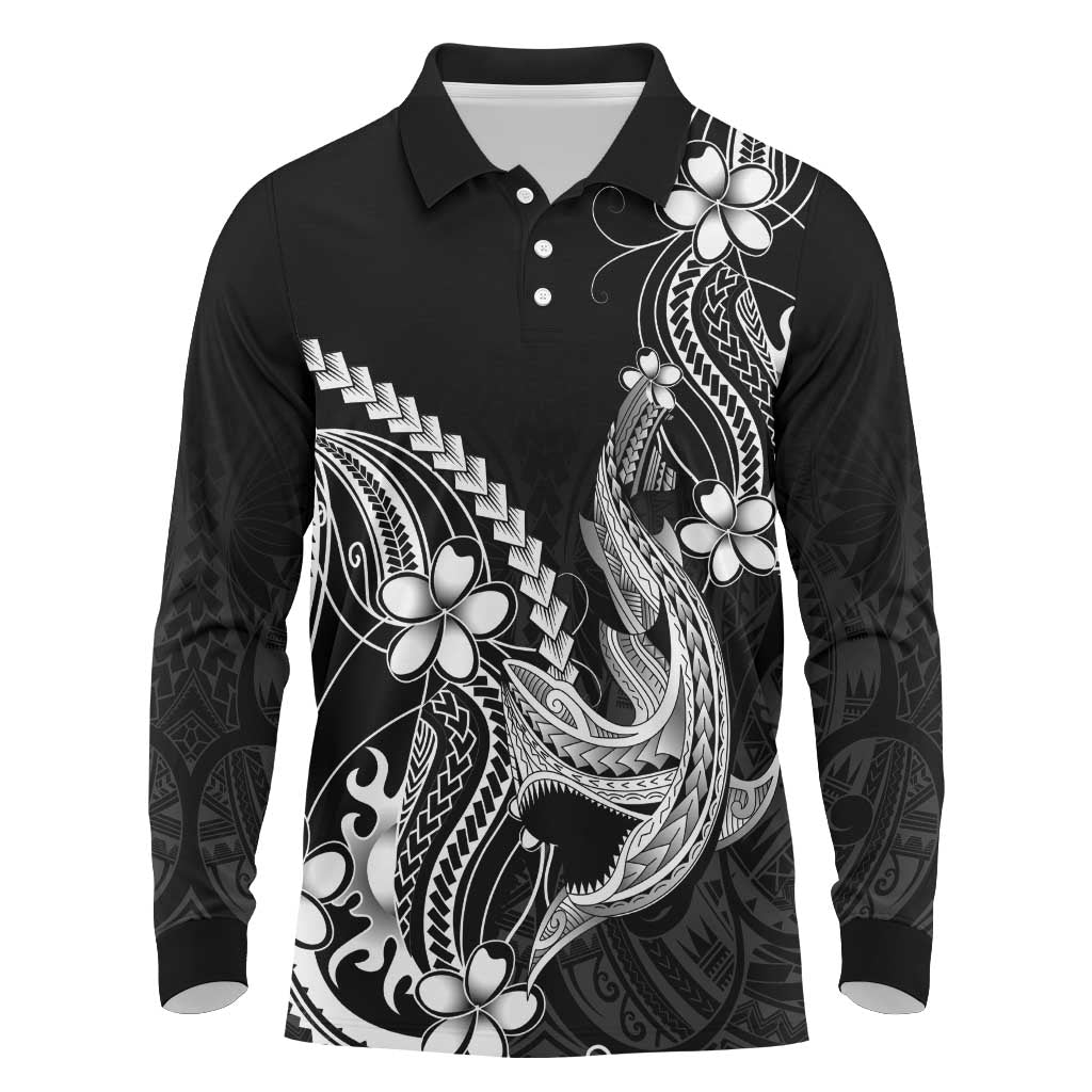 Black Aloha Hawaii Long Sleeve Polo Shirt Polynesian Shark Tattoo With Plumeria - Polynesian Pride