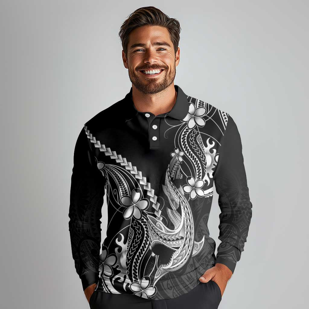 Black Aloha Hawaii Long Sleeve Polo Shirt Polynesian Shark Tattoo With Plumeria - Polynesian Pride