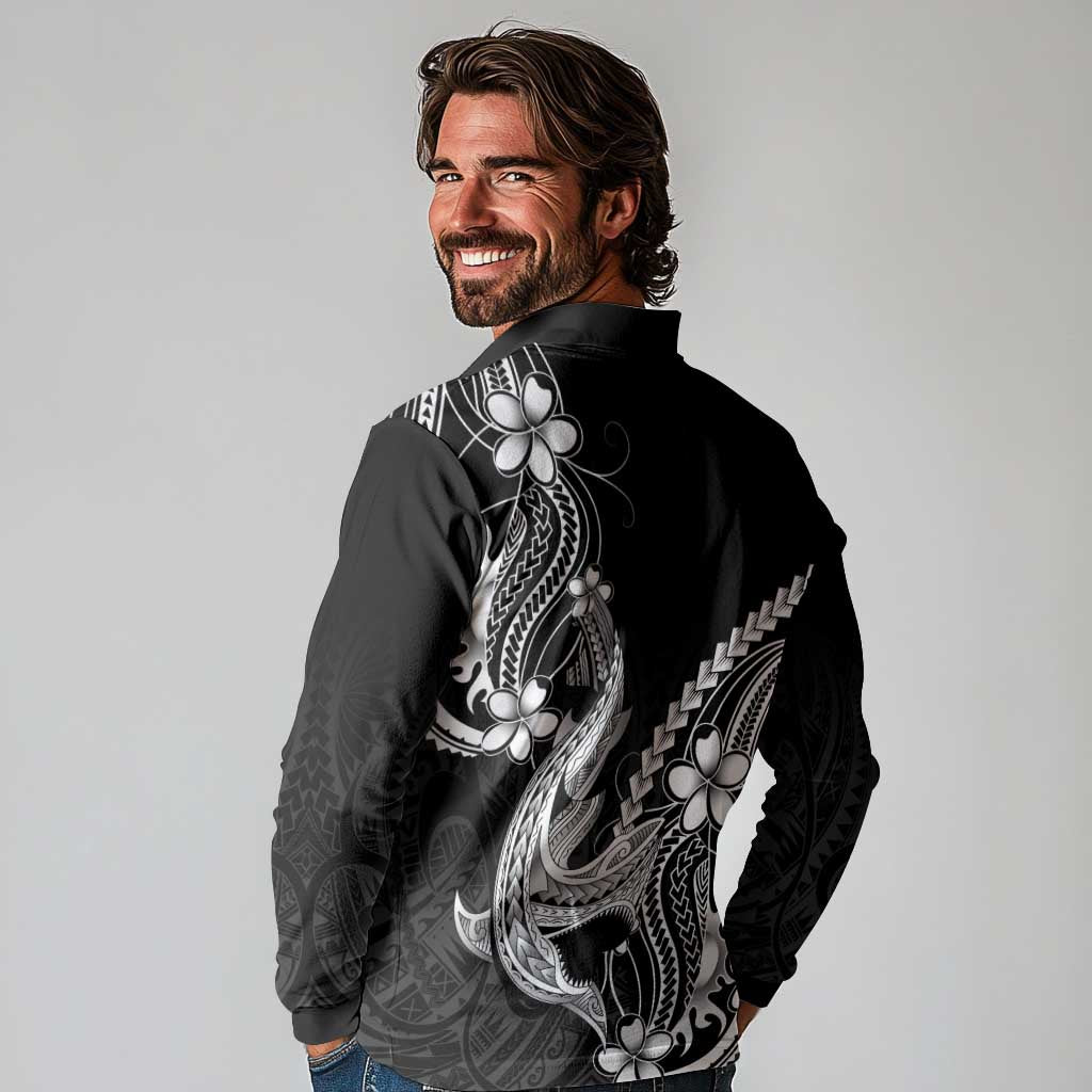 Black Aloha Hawaii Long Sleeve Polo Shirt Polynesian Shark Tattoo With Plumeria - Polynesian Pride