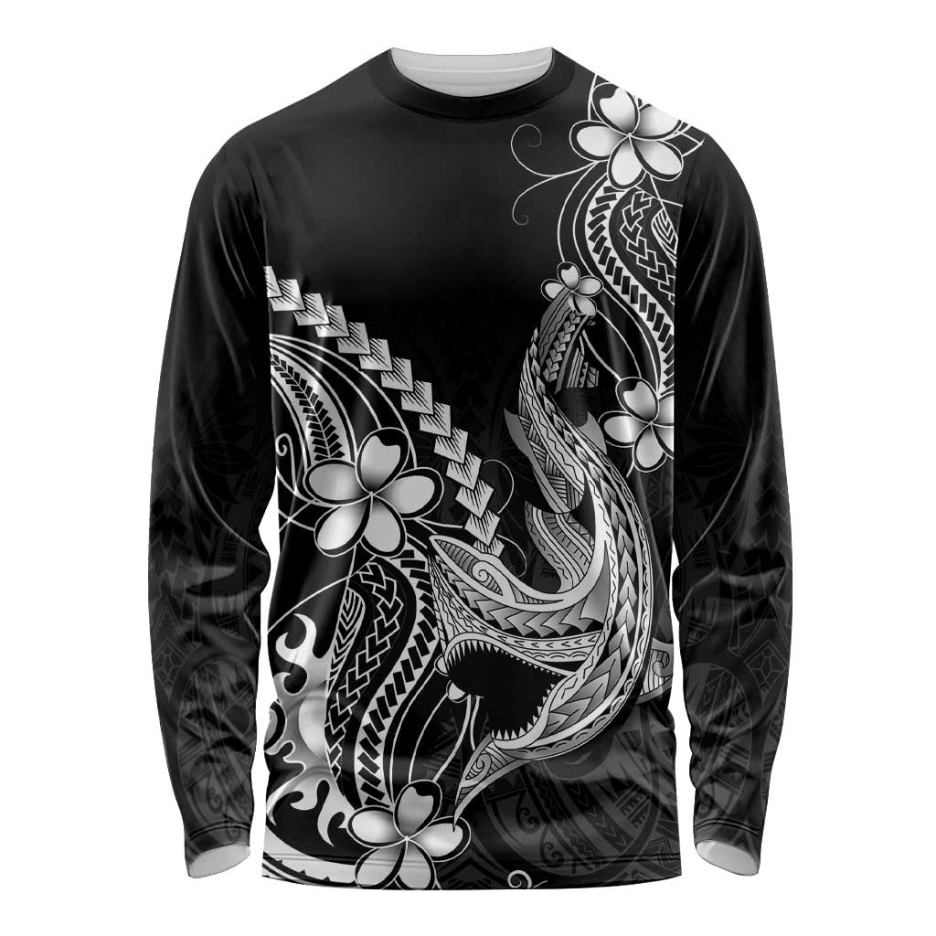 Black Aloha Hawaii Long Sleeve Shirt Polynesian Shark Tattoo With Plumeria LT14 Unisex Black - Polynesian Pride