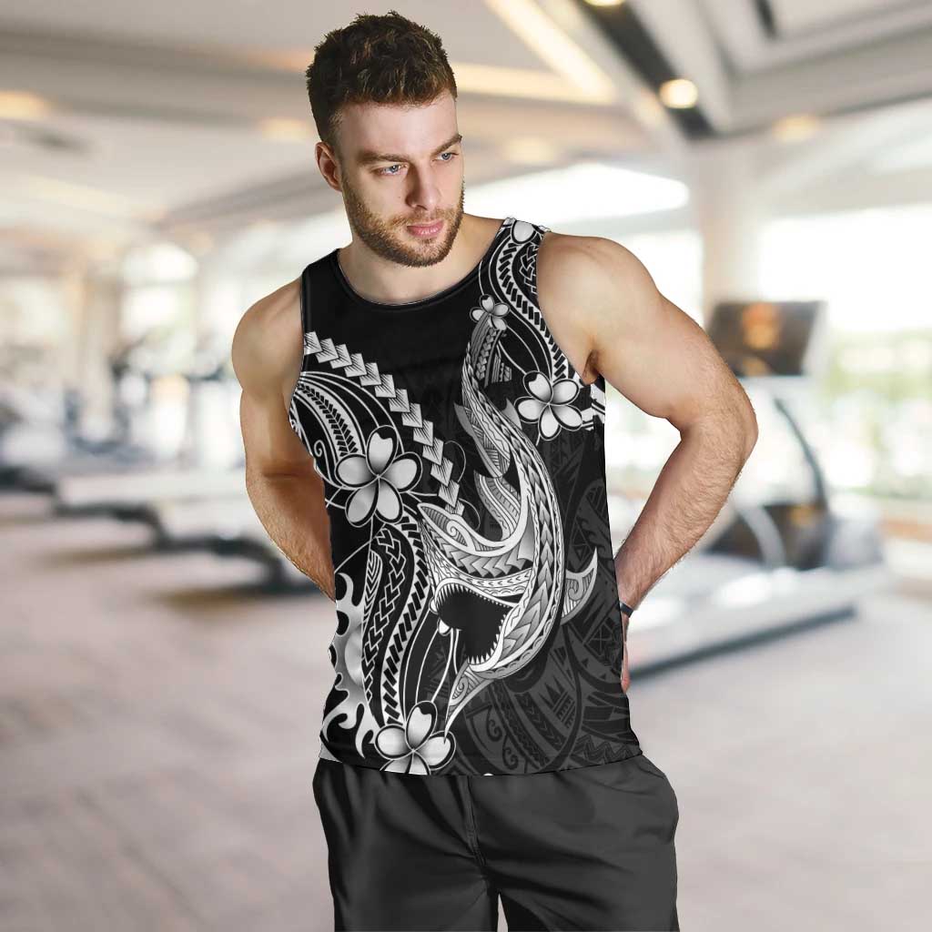 Black Aloha Hawaii Men Tank Top Polynesian Shark Tattoo With Plumeria - Polynesian Pride
