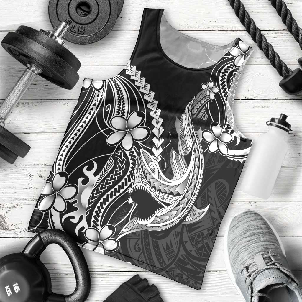 Black Aloha Hawaii Men Tank Top Polynesian Shark Tattoo With Plumeria - Polynesian Pride