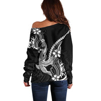 Black Aloha Hawaii Off Shoulder Sweater Polynesian Shark Tattoo With Plumeria - Polynesian Pride