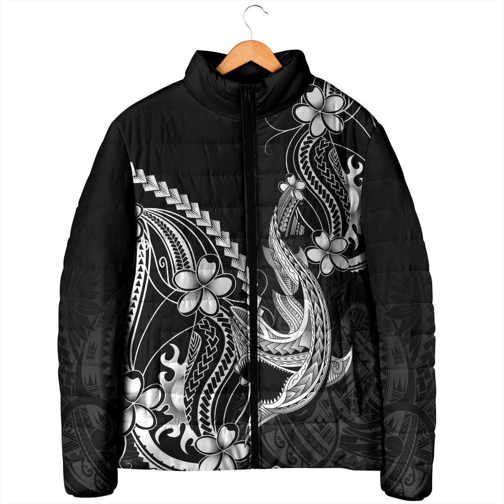 Black Aloha Hawaii Padded Jacket Polynesian Shark Tattoo With Plumeria - Polynesian Pride