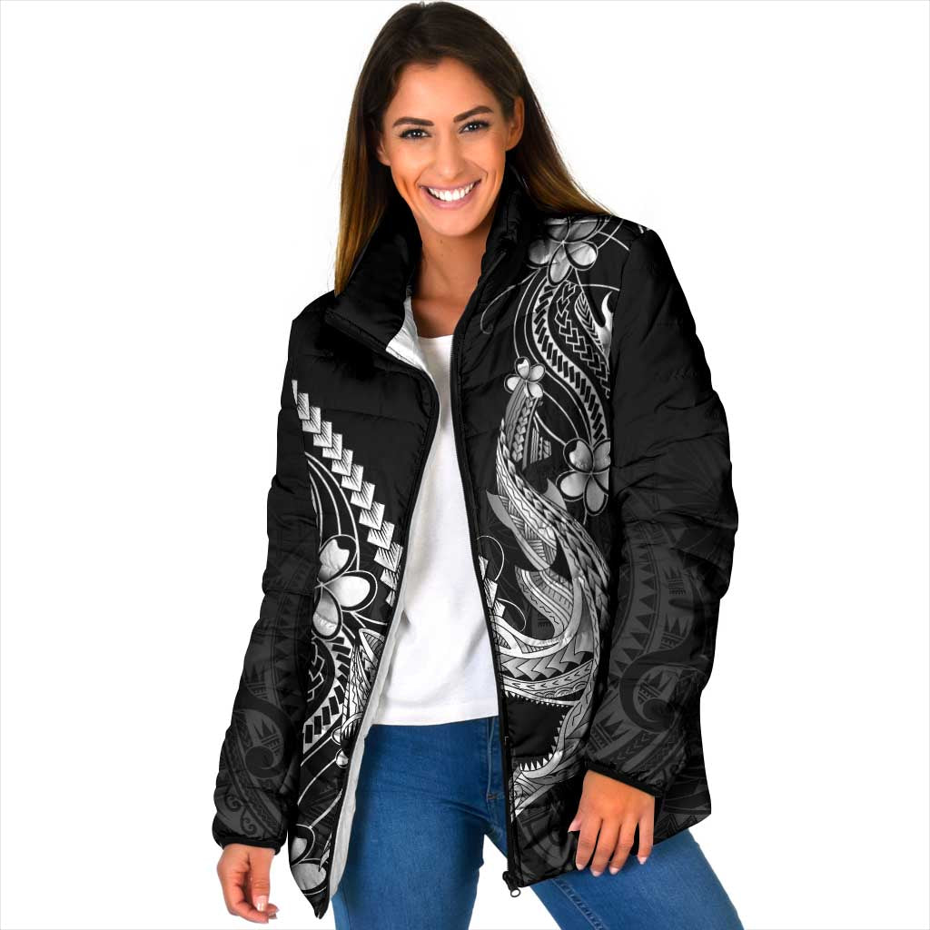 Black Aloha Hawaii Padded Jacket Polynesian Shark Tattoo With Plumeria - Polynesian Pride