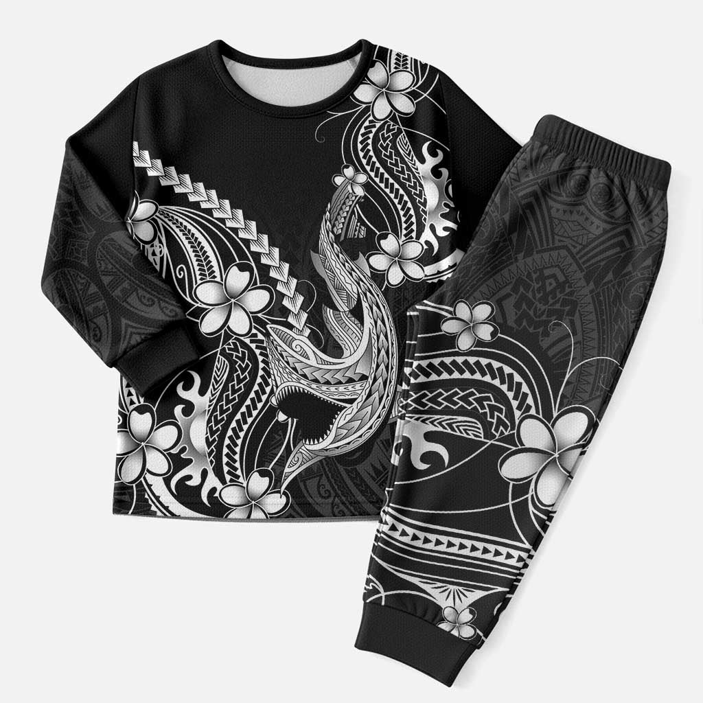 Black Aloha Hawaii Christmas Pajama Set Polynesian Shark Tattoo With Plumeria - Polynesian Pride