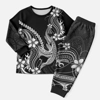 Black Aloha Hawaii Christmas Pajama Set Polynesian Shark Tattoo With Plumeria - Polynesian Pride