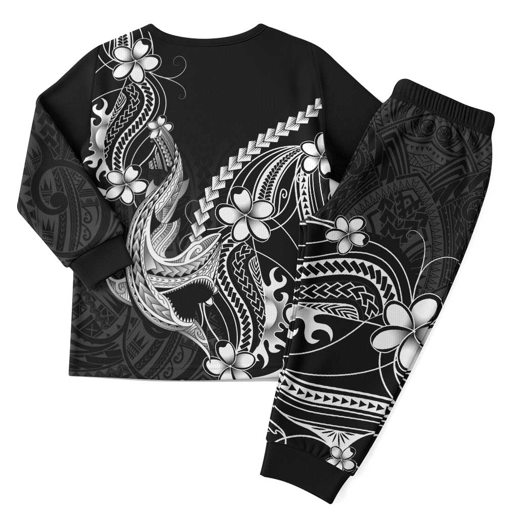 Black Aloha Hawaii Christmas Pajama Set Polynesian Shark Tattoo With Plumeria - Polynesian Pride