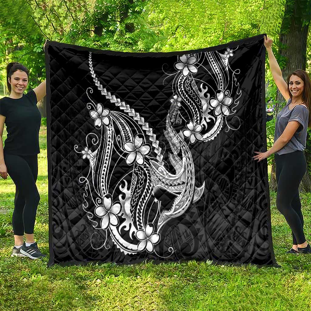 Black Aloha Hawaii Quilt Polynesian Shark Tattoo With Plumeria - Polynesian Pride