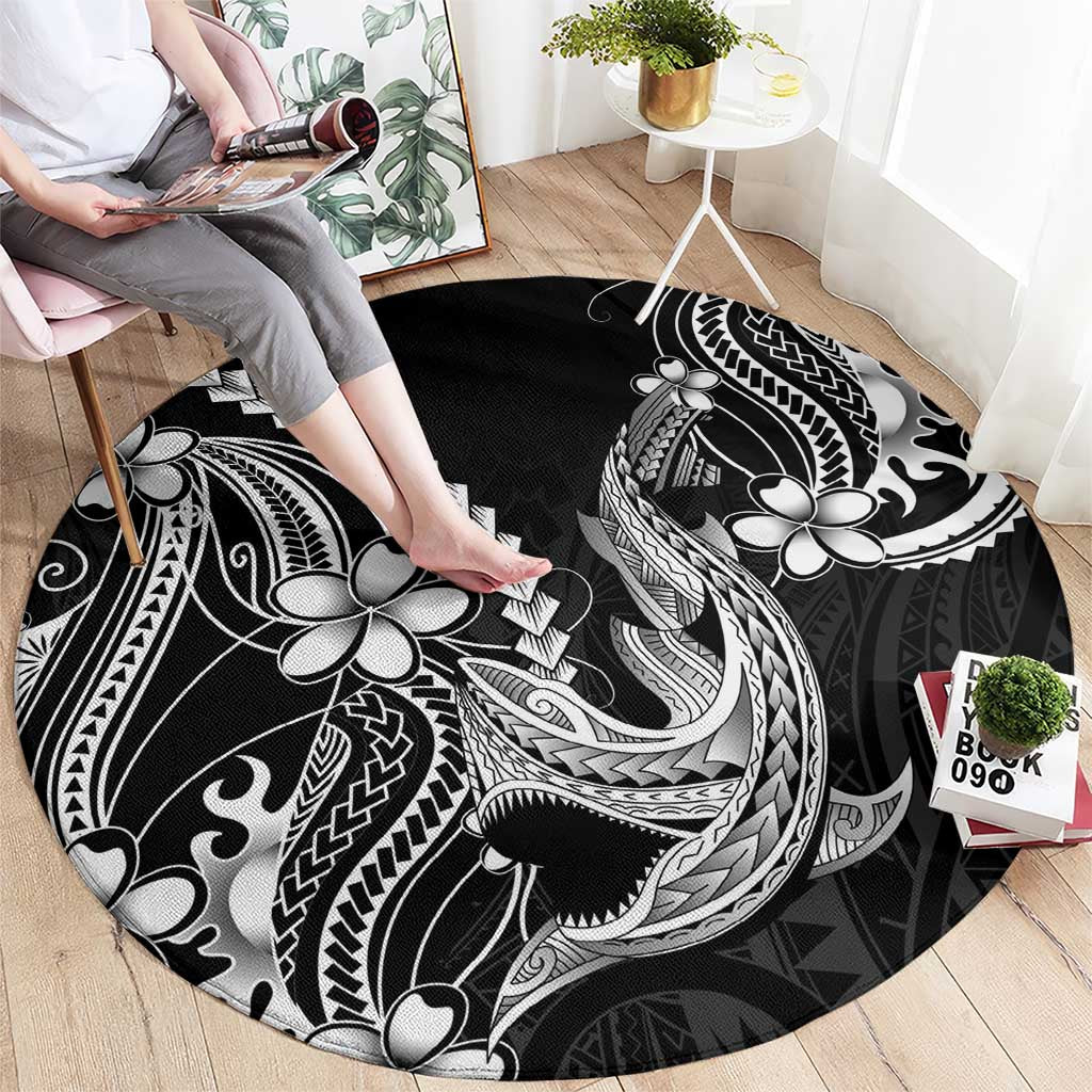 Black Aloha Hawaii Round Carpet Polynesian Shark Tattoo With Plumeria - Polynesian Pride