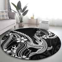 Black Aloha Hawaii Round Carpet Polynesian Shark Tattoo With Plumeria - Polynesian Pride
