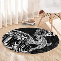 Black Aloha Hawaii Round Carpet Polynesian Shark Tattoo With Plumeria - Polynesian Pride