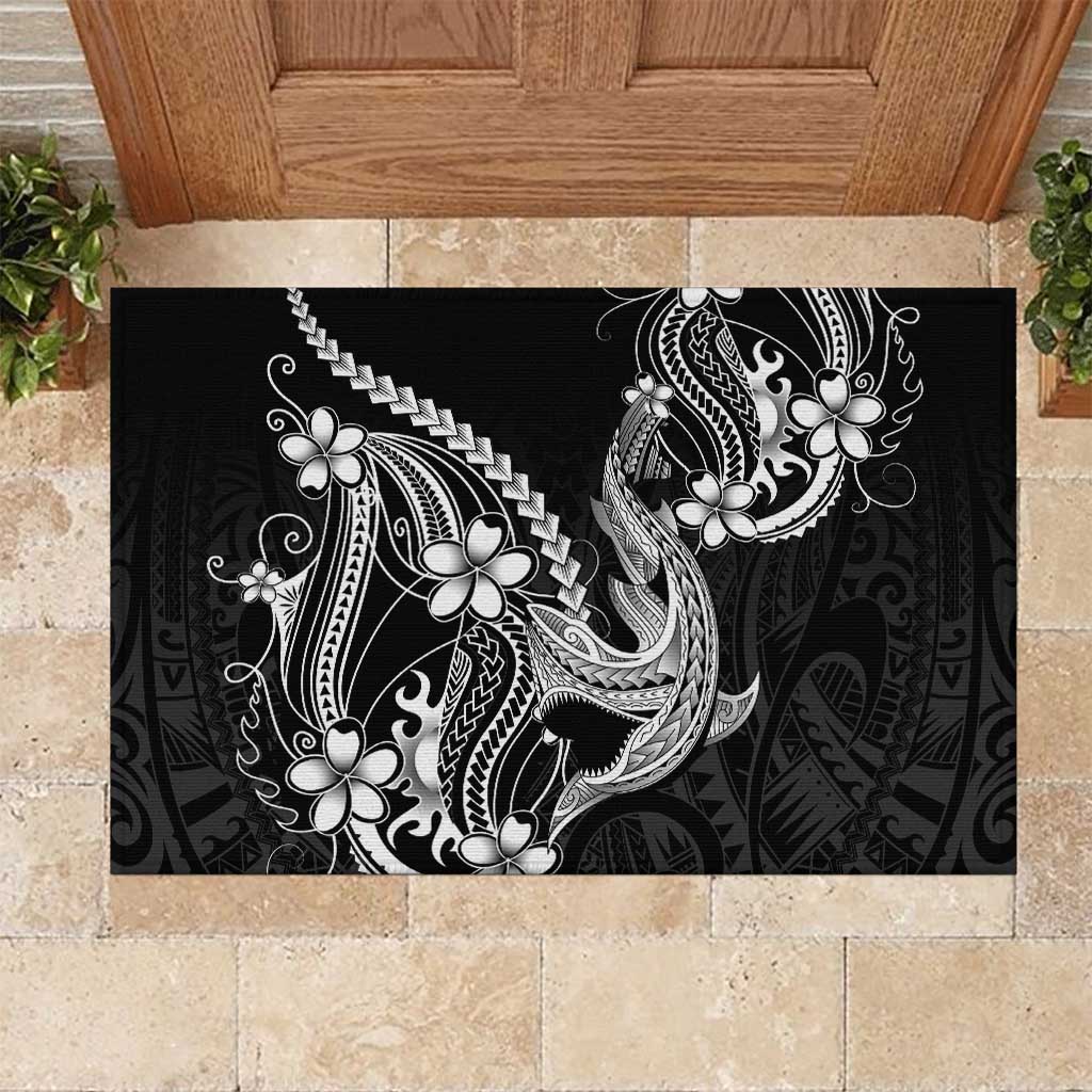 Black Aloha Hawaii Rubber Doormat Polynesian Shark Tattoo With Plumeria LT14 Black - Polynesian Pride