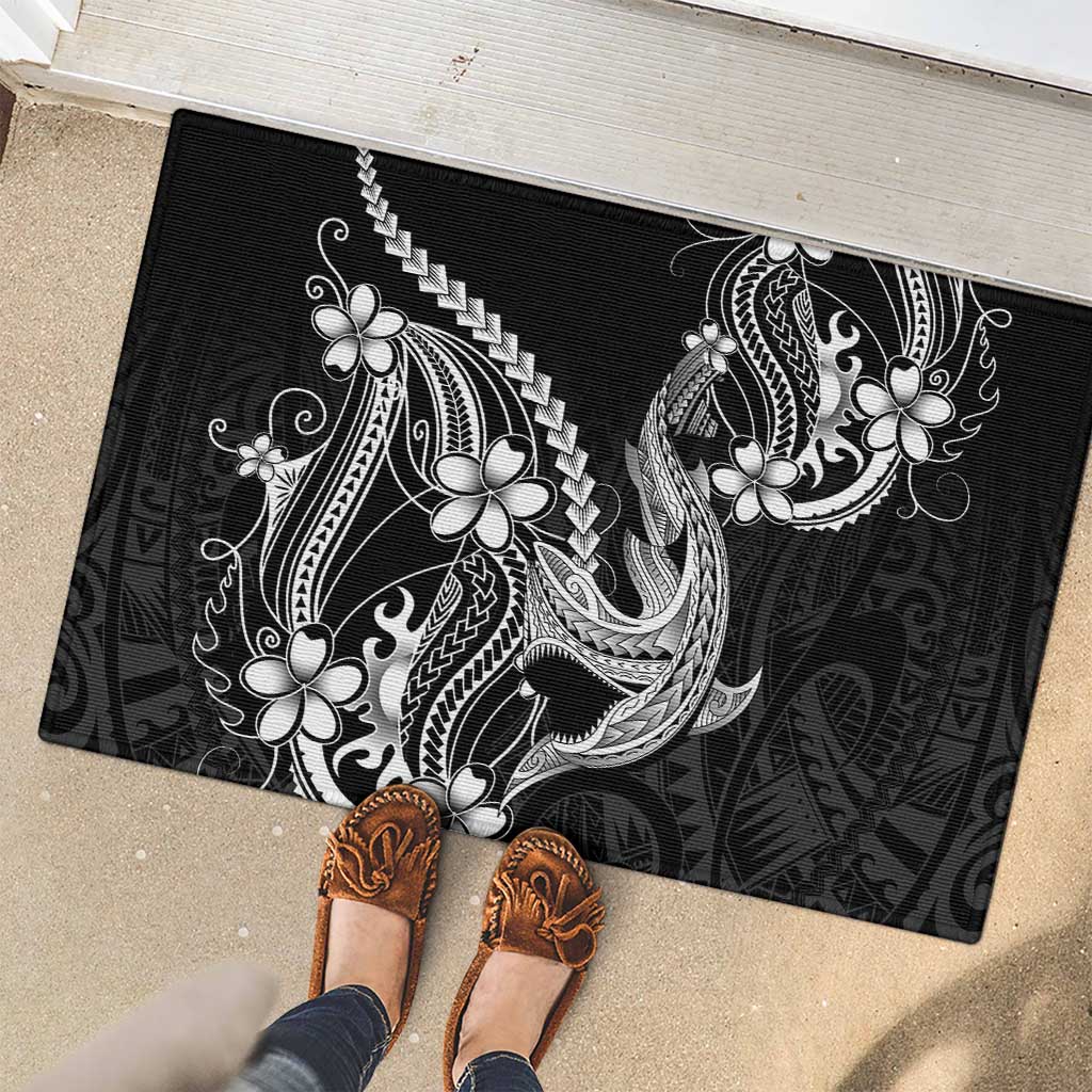 Black Aloha Hawaii Rubber Doormat Polynesian Shark Tattoo With Plumeria - Polynesian Pride