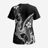 Black Aloha Hawaii Scrub Top Polynesian Shark Tattoo With Plumeria - Polynesian Pride