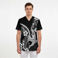 Black Aloha Hawaii Scrub Top Polynesian Shark Tattoo With Plumeria - Polynesian Pride
