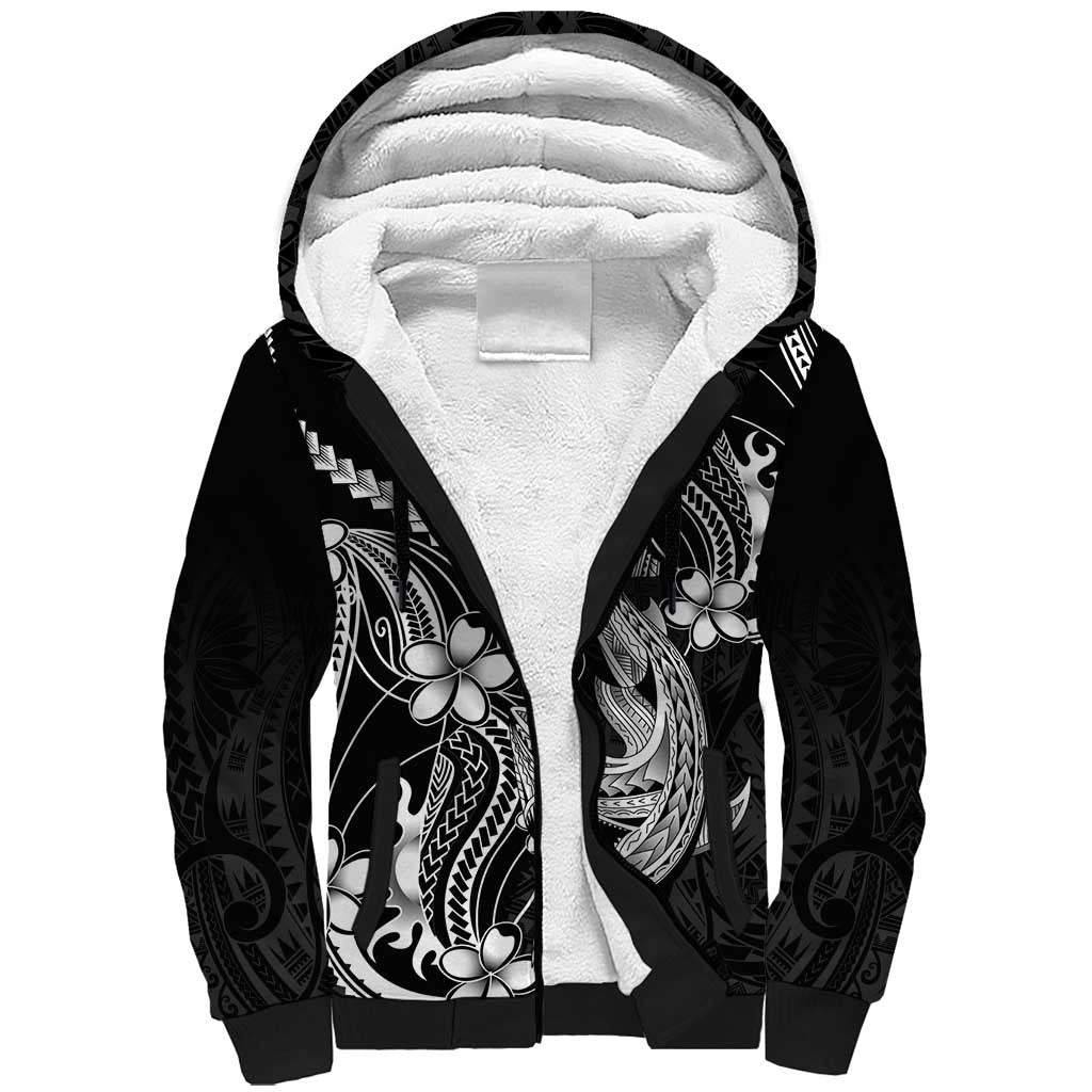 Black Aloha Hawaii Sherpa Hoodie Polynesian Shark Tattoo With Plumeria LT14 Unisex Black - Polynesian Pride