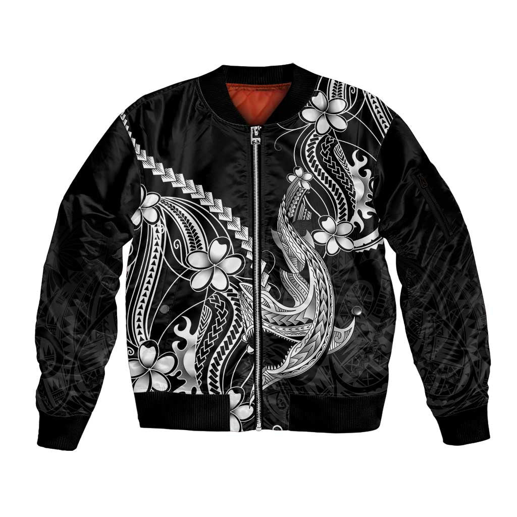 Black Aloha Hawaii Sleeve Zip Bomber Jacket Polynesian Shark Tattoo With Plumeria LT14 Unisex Black - Polynesian Pride