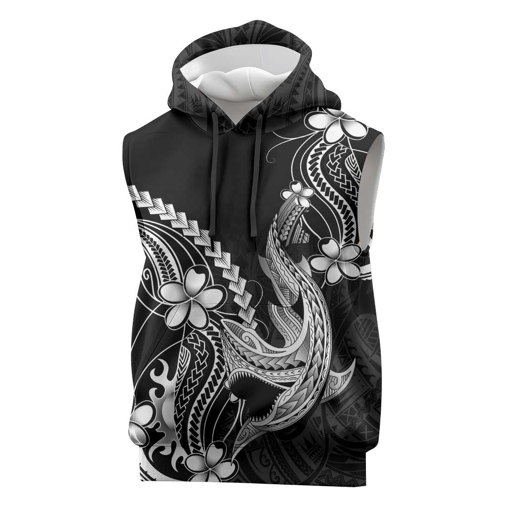 Black Aloha Hawaii Sleeveless Hoodie Polynesian Shark Tattoo With Plumeria - Polynesian Pride